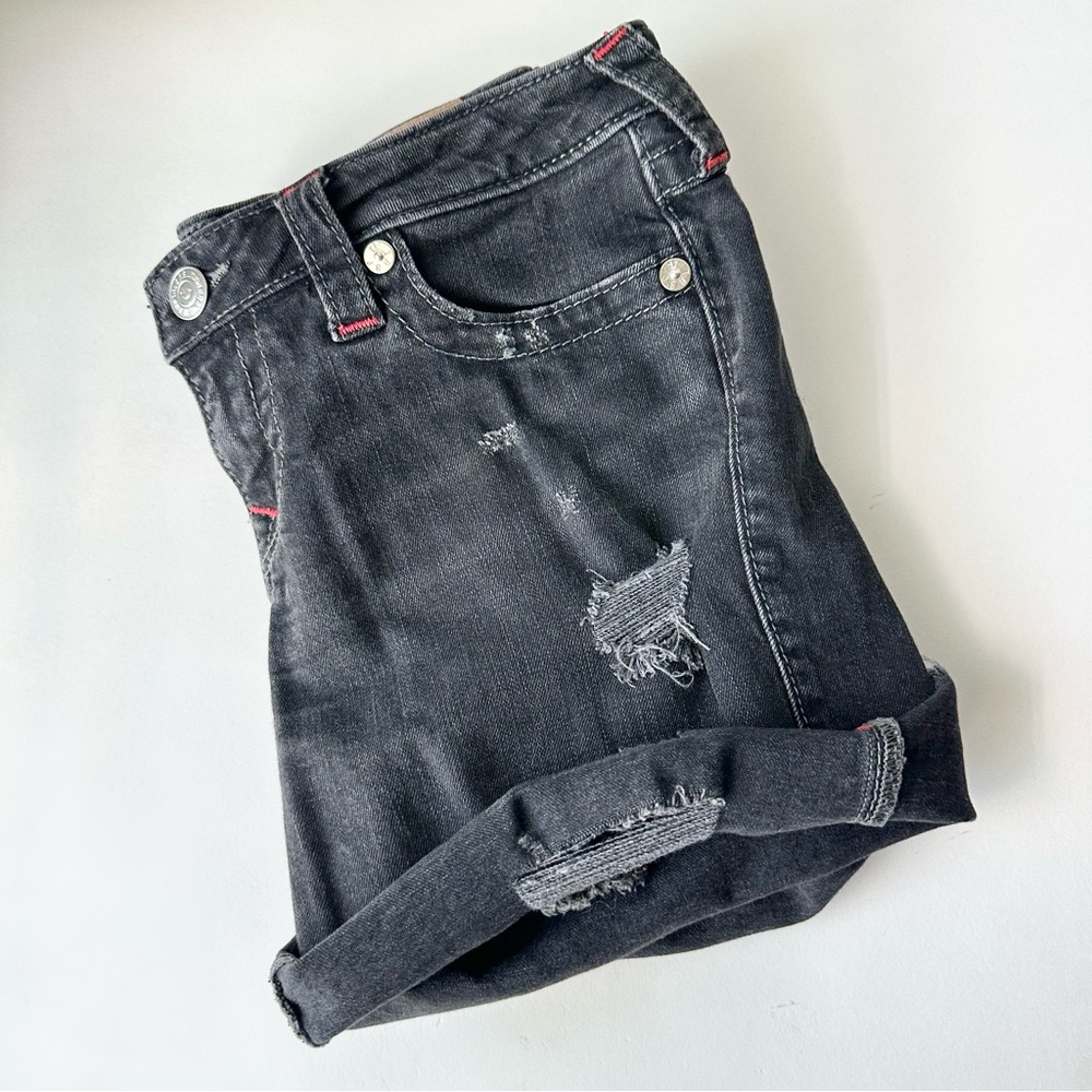 True Religion Mid Cut Off Denim Distressed Shorts